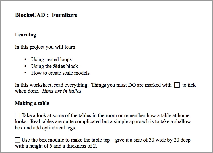BlocksCAD : Furniture using nested loops by Kit Wallace