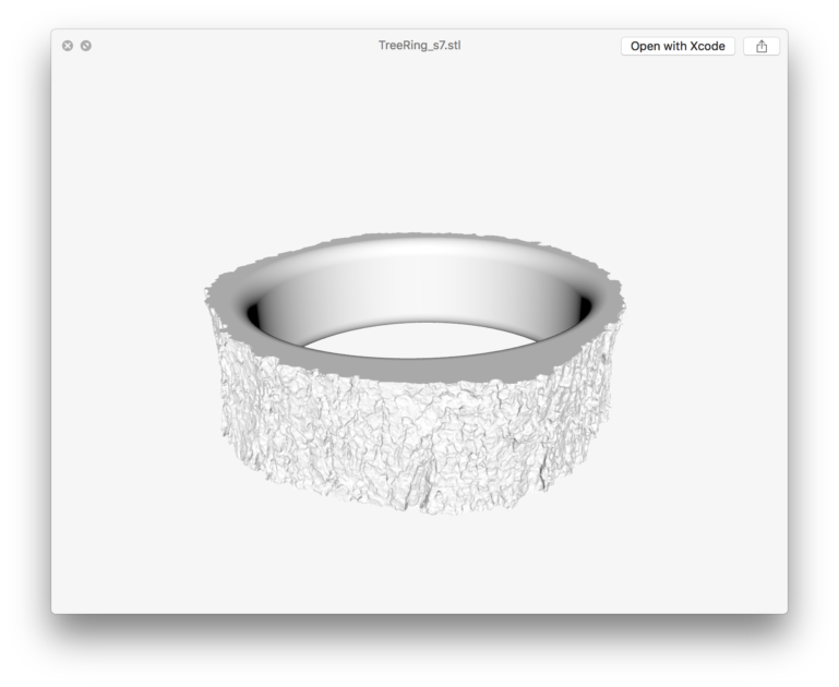 The final tree bark textured 3D printed ring design from a photo scan with a phone and how to 3D design it